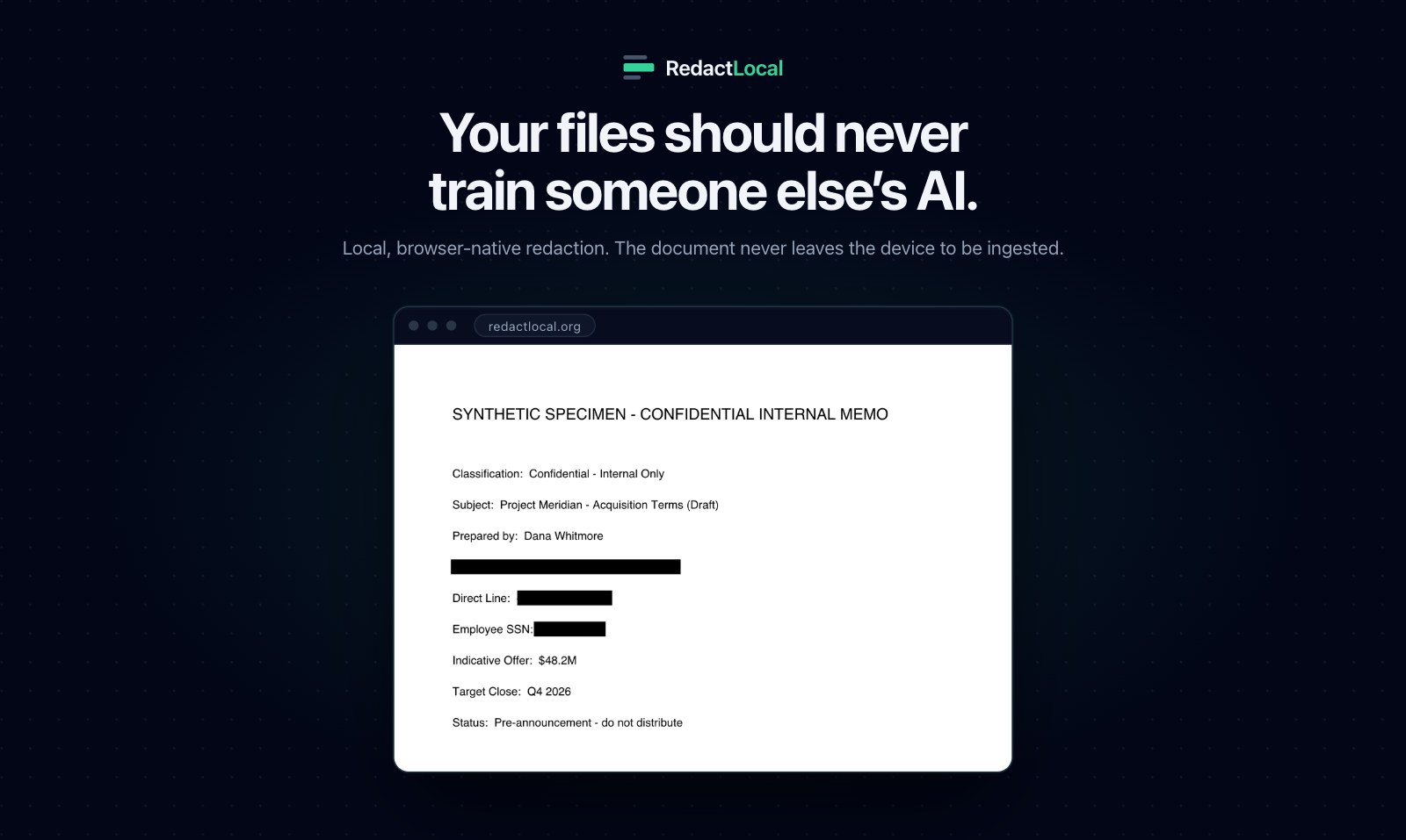 RedactLocal's in-browser editor redacting identifiers from a confidential internal memo