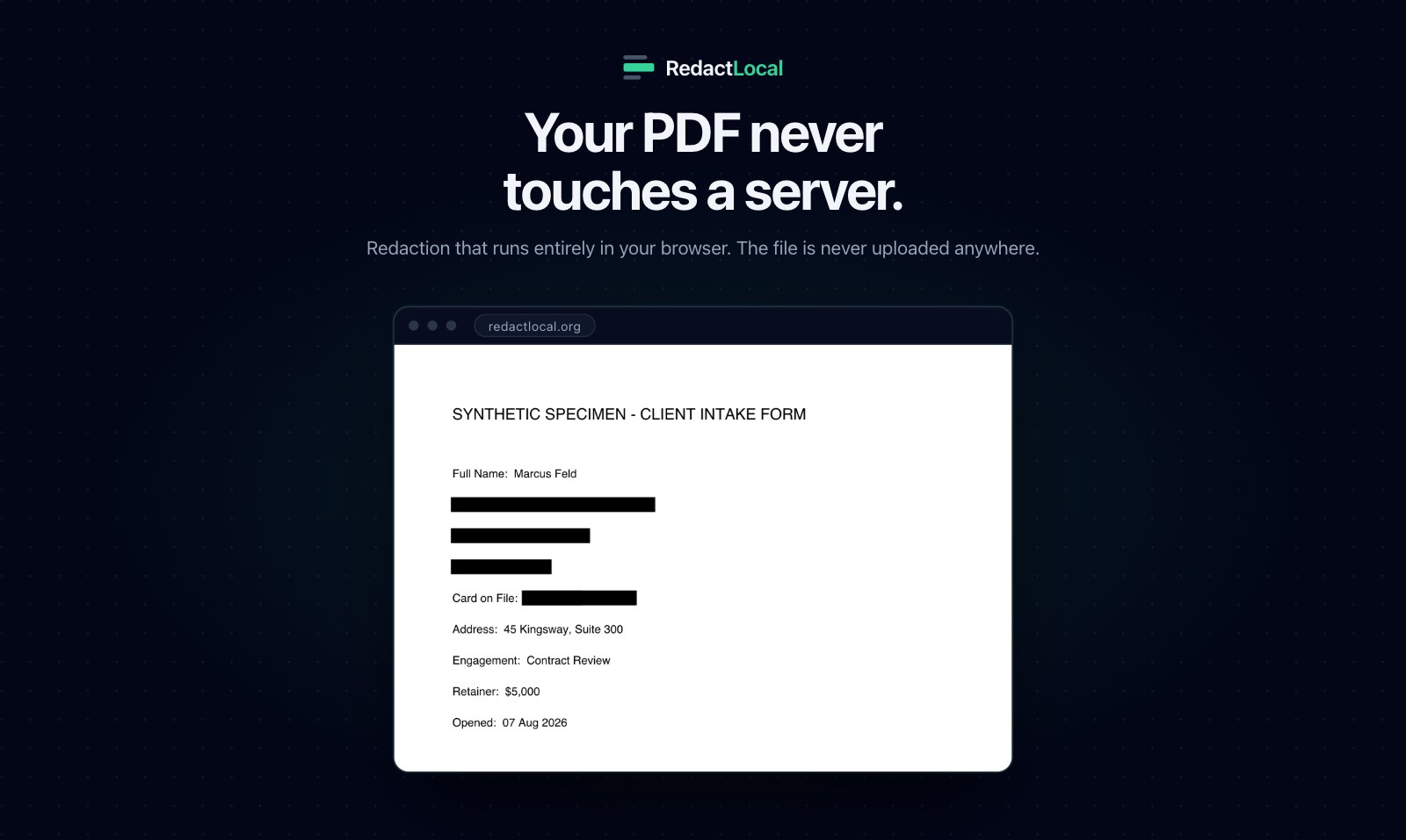 RedactLocal's in-browser editor redacting personal data from a client intake form