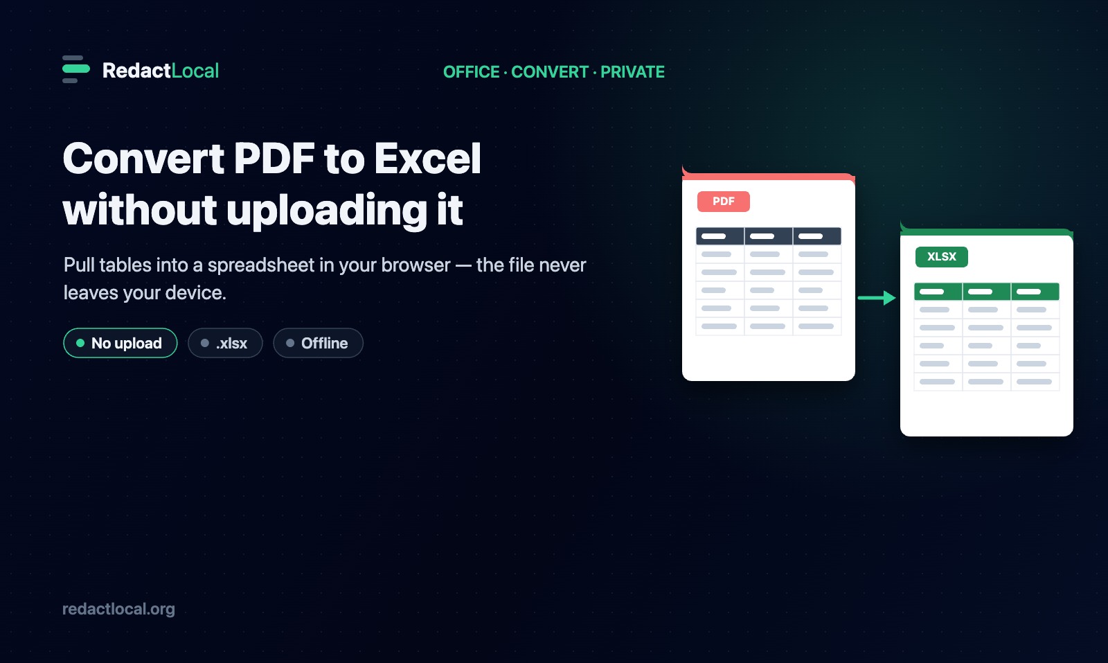 A table in a PDF being extracted into an editable Excel spreadsheet in the browser, with nothing uploaded