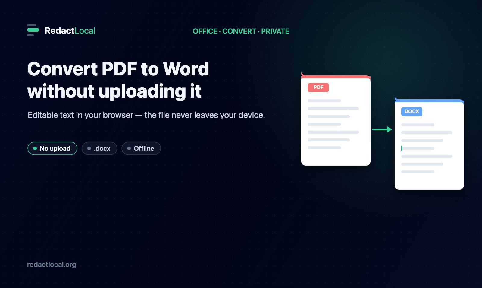 A PDF being converted into an editable Word document in the browser, with nothing uploaded