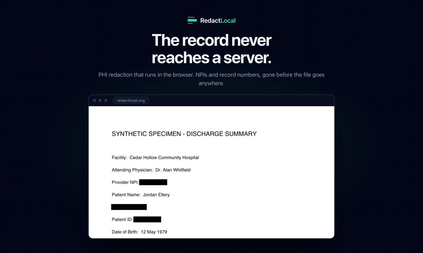 RedactLocal's in-browser editor with the NPI, MRN and Patient ID redacted on a discharge summary