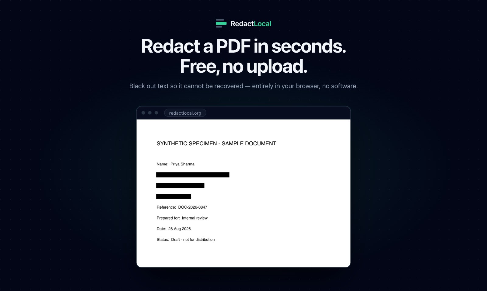 RedactLocal's in-browser editor redacting text from a PDF