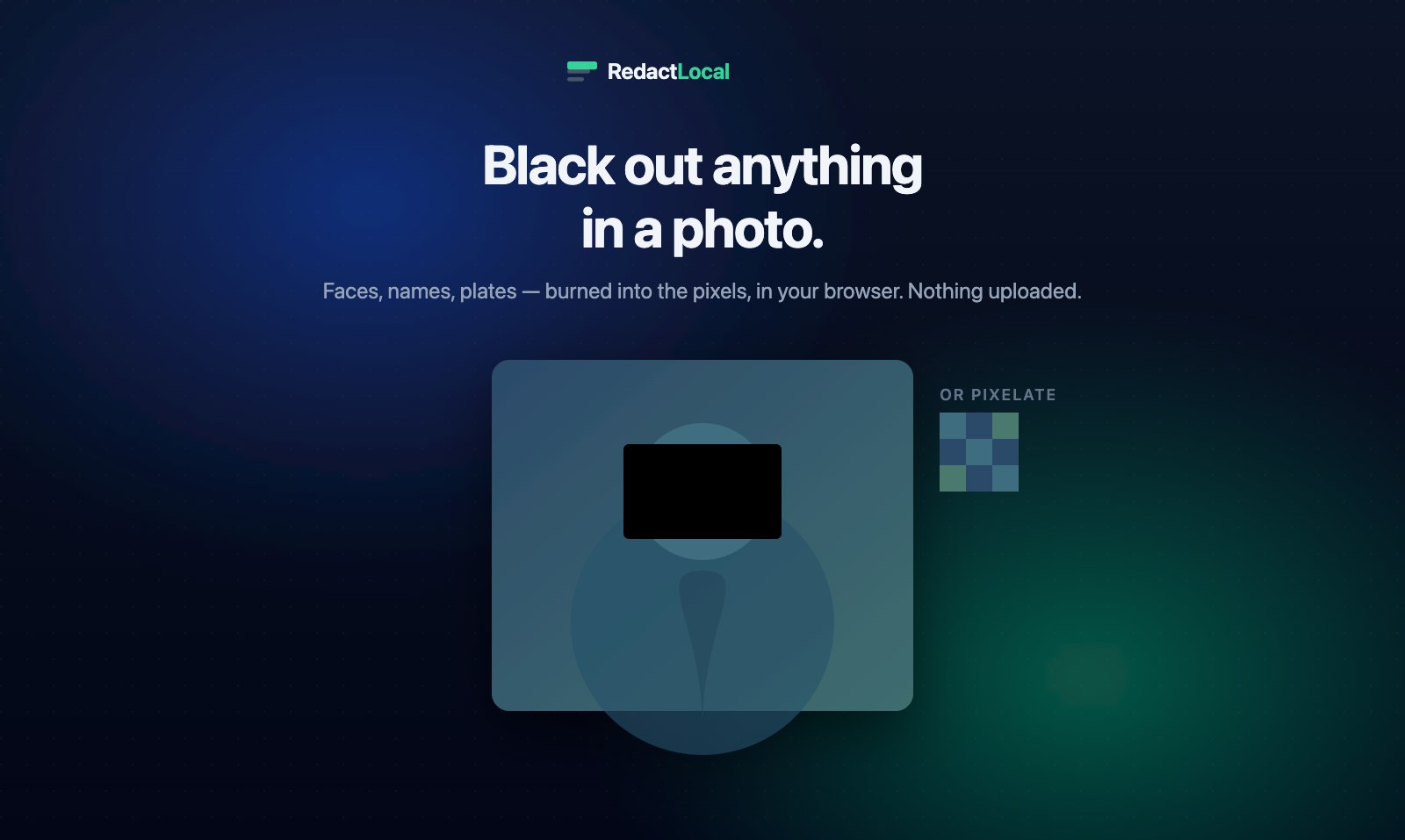 A photo with a region blacked out, redacted in the browser
