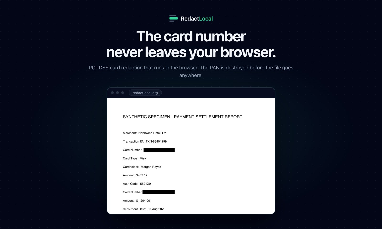 RedactLocal's in-browser editor with a 16-digit card number redacted on a settlement report