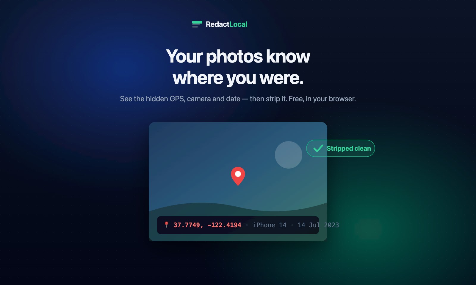 A photo's hidden GPS location and camera metadata, exposed then stripped