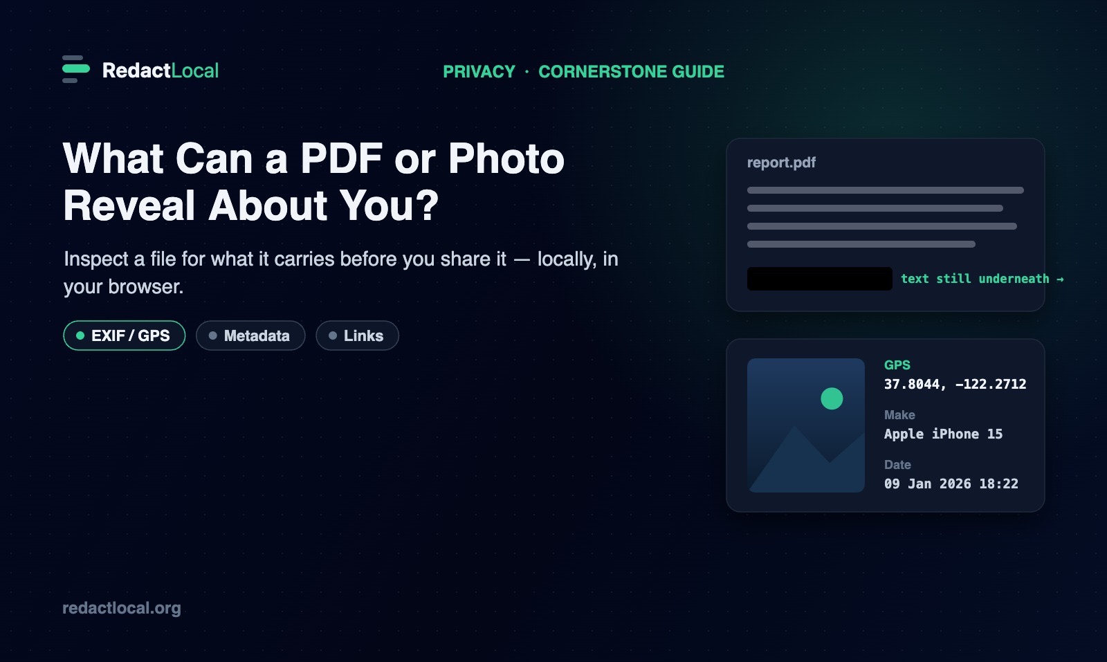 A PDF and a photo shown with the hidden metadata each one carries, including GPS coordinates