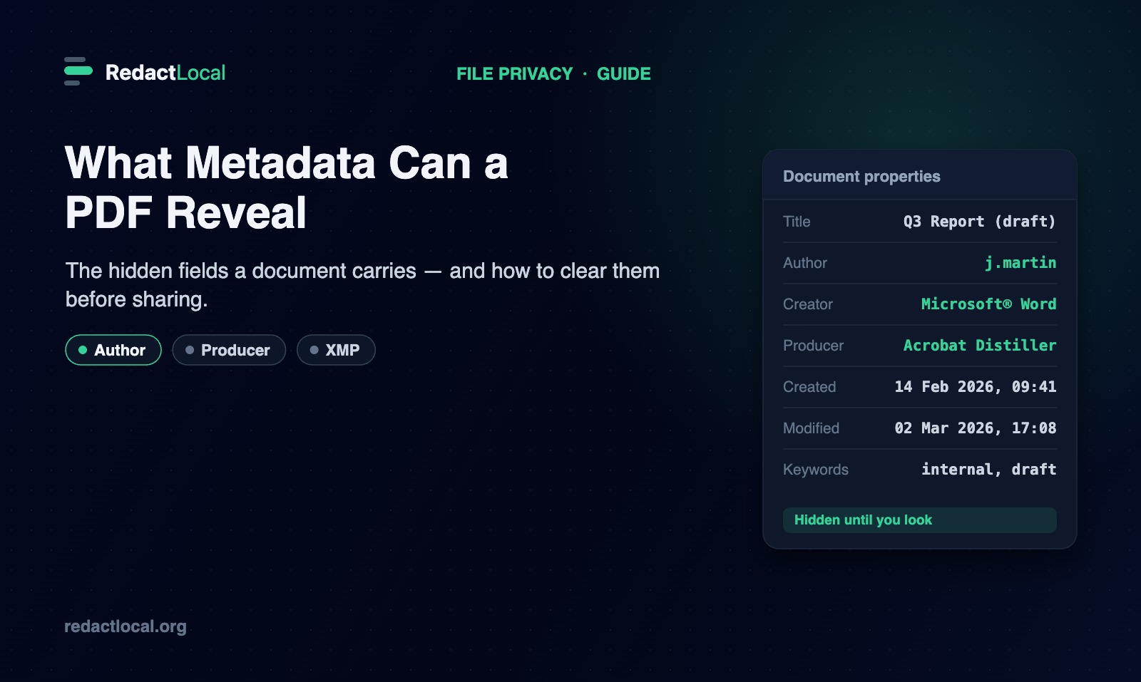 A PDF's document properties panel showing author, creator and producer metadata